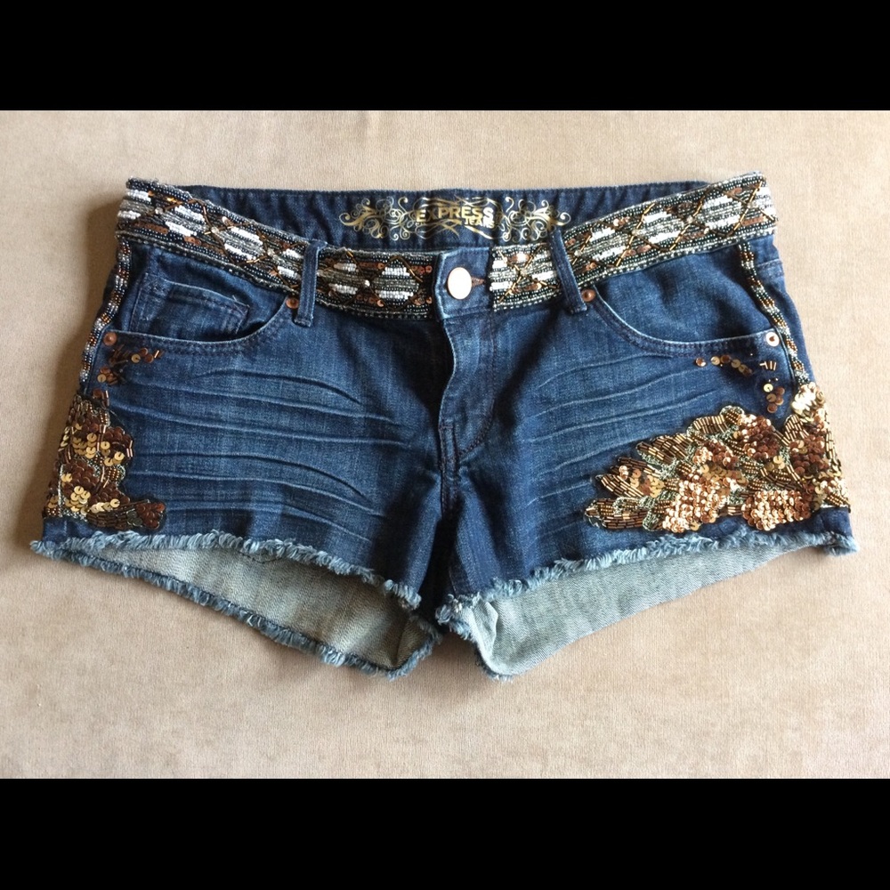 Express Dark Blue Denim Jean Shorts with Gold Sequin Embellishment